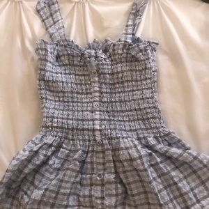 Blue and black plaid crop top with crisped endings